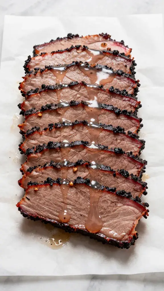 Glaze-dripping brisket slice on butcher paper, tight crop