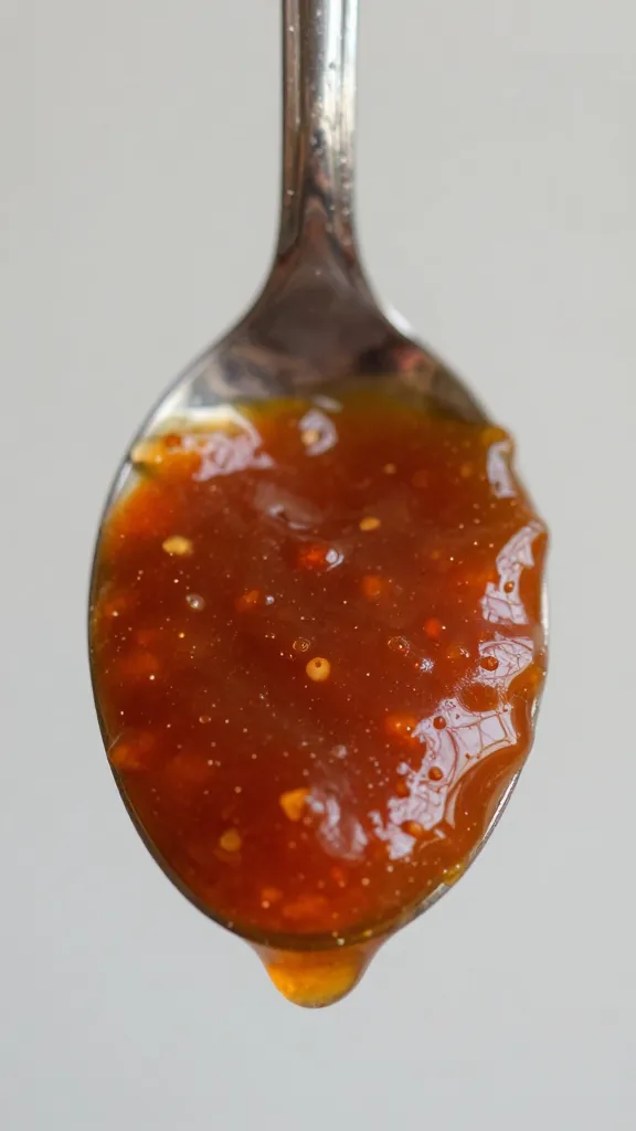Pineapple guava BBQ sauce spoon, viscous sheen, macro