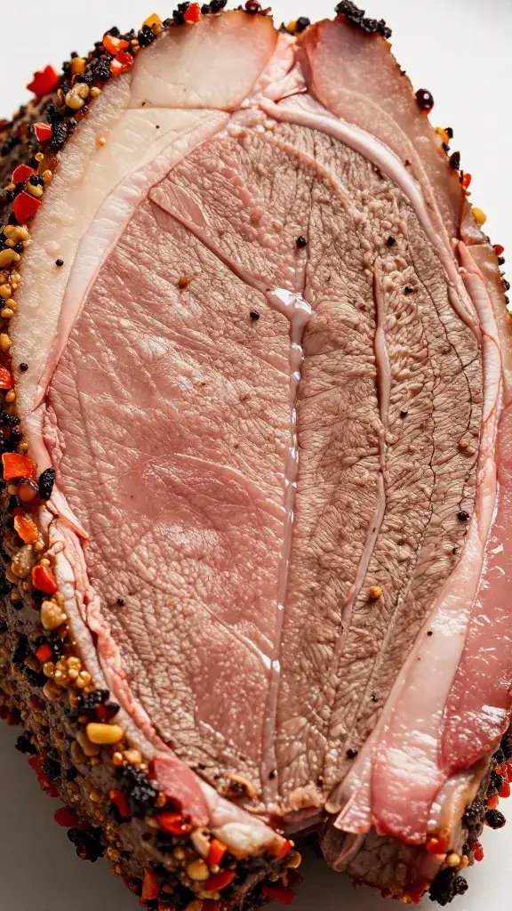 Pepper-crusted brisket point slice, smoke ring closeup