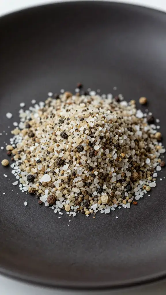 Single salt-pepper rub mound on dark plate, macro shot