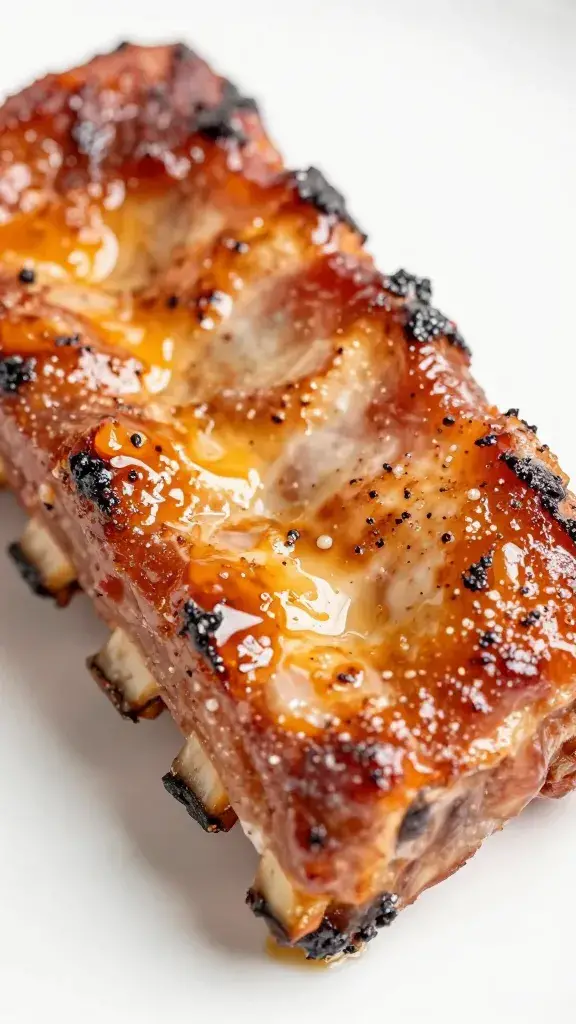 Glazed pork rib closeup with Georgia peach bourbon sheen