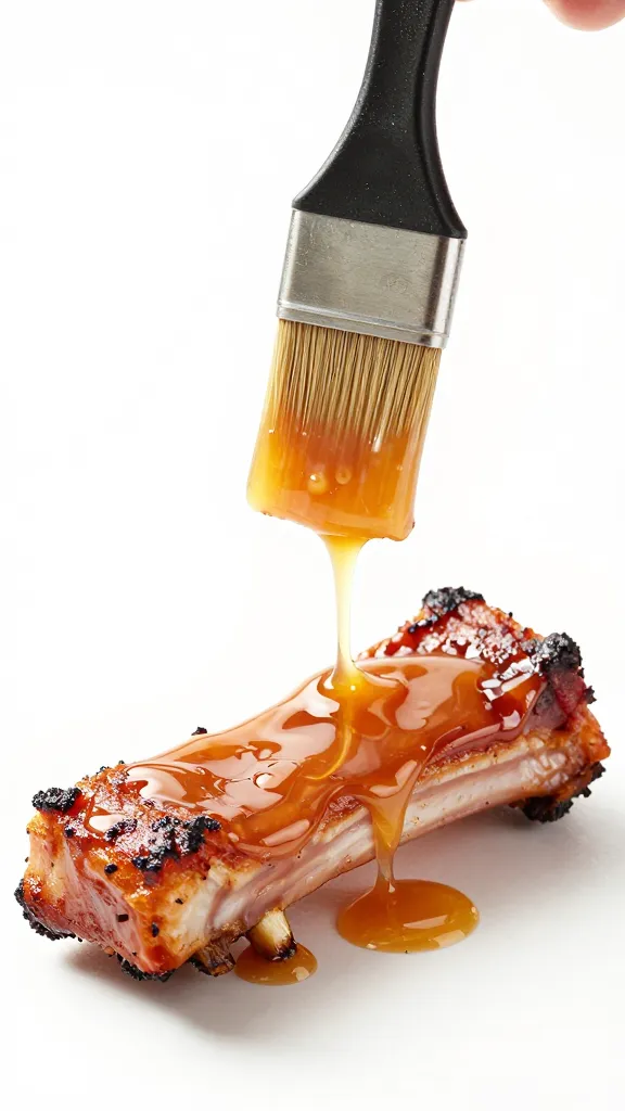 Sauce brush dripping peach bourbon glaze over single rib
