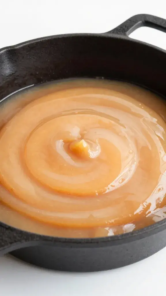 Cast-iron saucepan of peach bourbon glaze, glossy surface