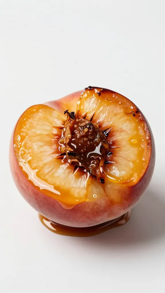 Single grilled peach half lacquered with bourbon glaze