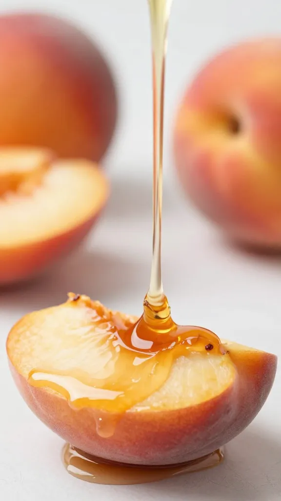 Sliced Georgia peach dipped in bourbon glaze, macro