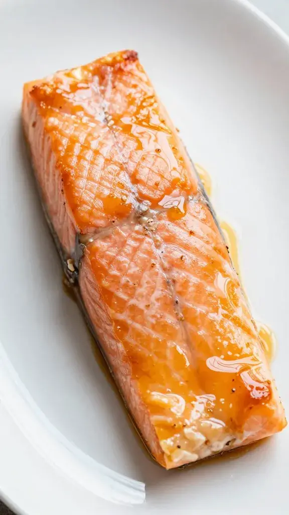 Single salmon fillet brushed with peach bourbon glaze