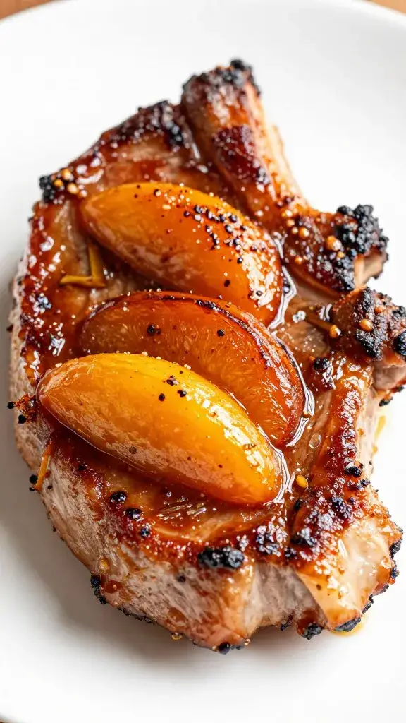 Pork chop closeup, caramelized peach bourbon glaze crust