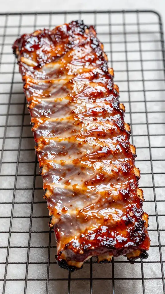 Glaze-coated rib resting on wire rack, sticky drip detail