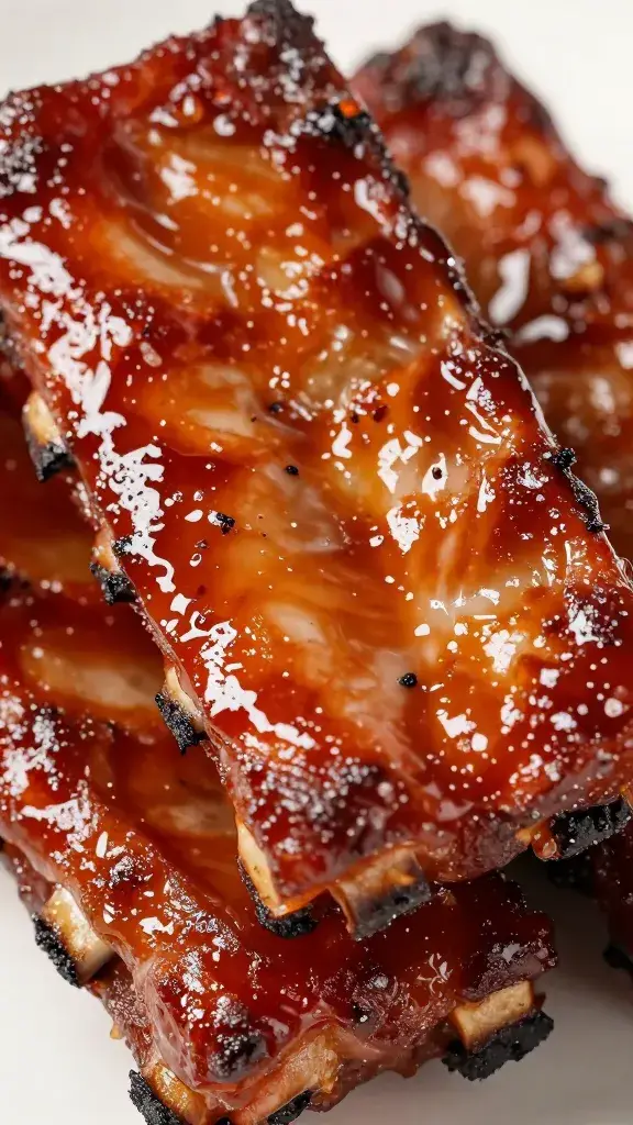 Memphis blackened pork rib closeup with glossy glaze