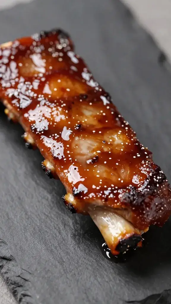 Glazed Memphis-style rib tip macro on dark slate