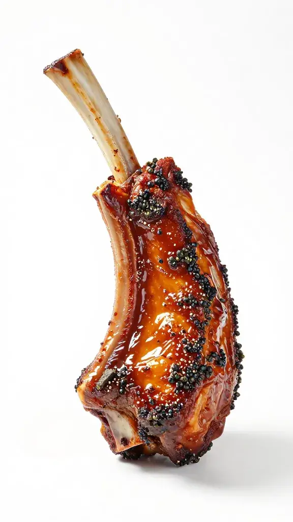 Single saucy rib bone with peppery caramelized bark