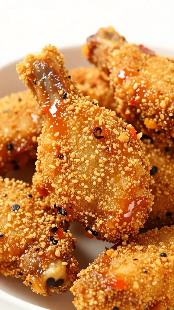 Closeup of spice-crusted drumette with tangy lacquer