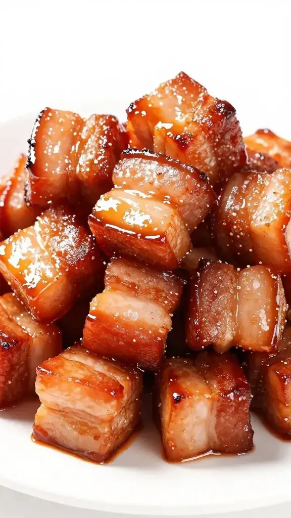 Sear-kissed pork belly cube with sticky finish