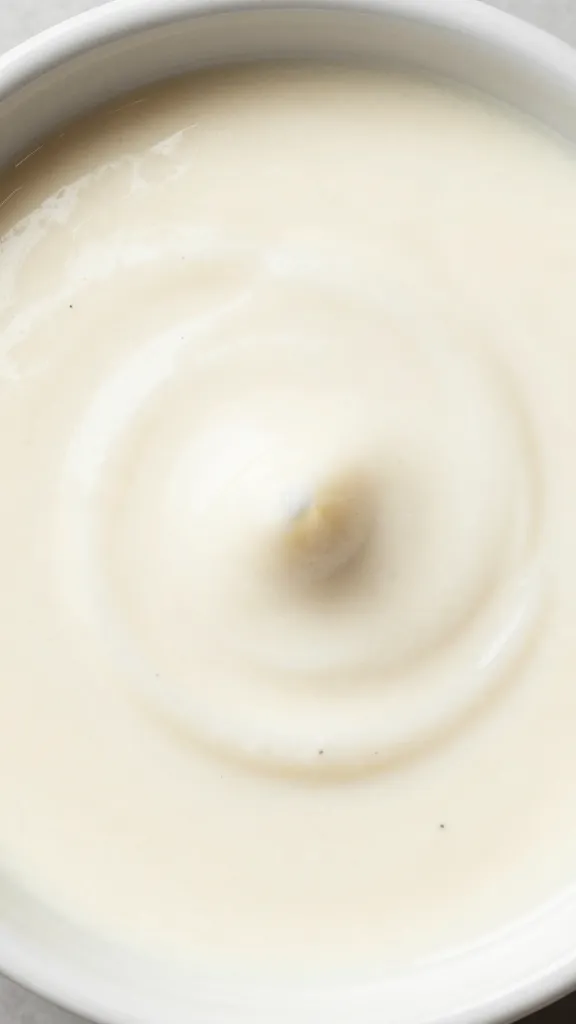 closeup bowl of Alabama white BBQ sauce, black pepper flecks