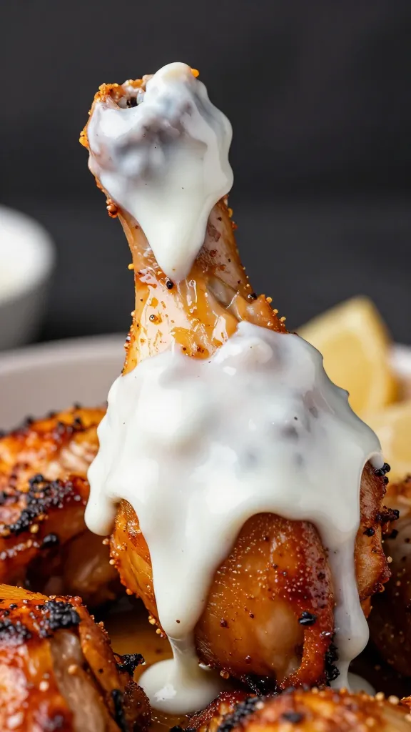 smoked chicken thigh dunked in white BBQ sauce, drip