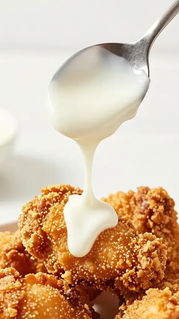spoon dripping Alabama white sauce over crispy chicken skin