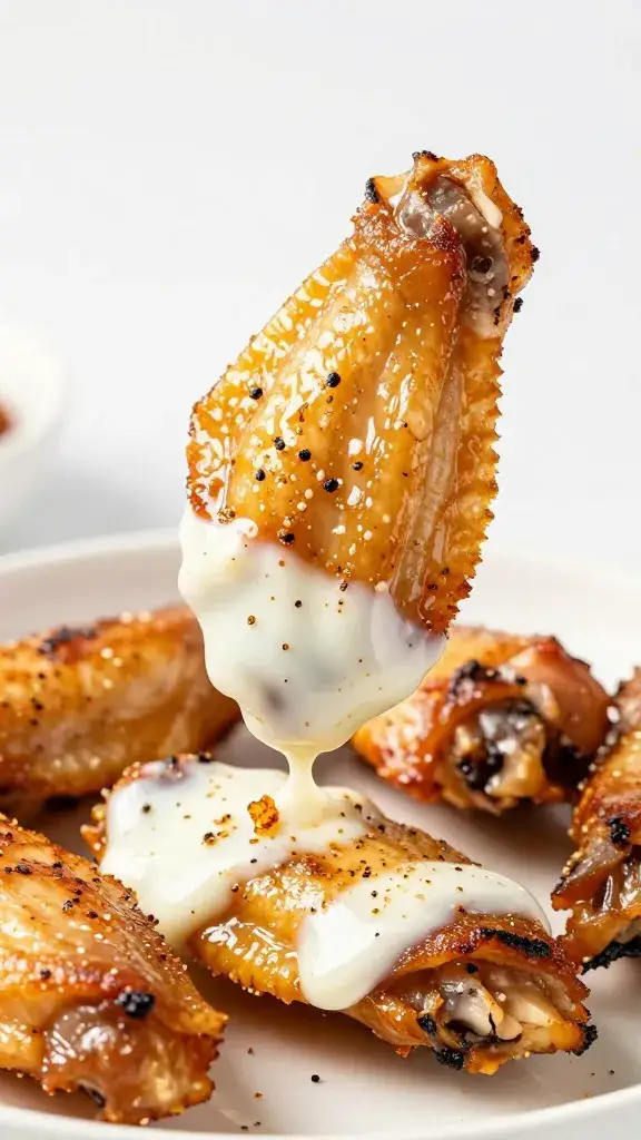 grilled chicken wing half-dipped in white BBQ, peppered