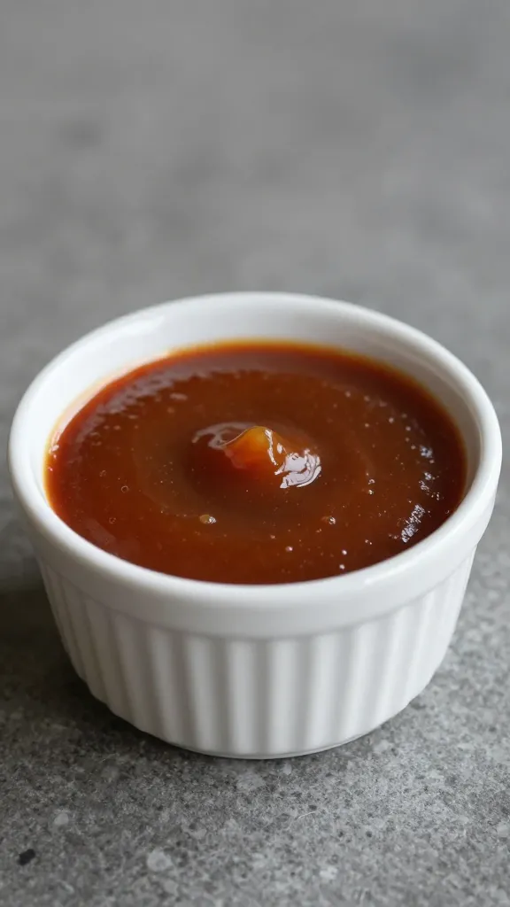 porcelain ramekin of mayo-vinegar BBQ sauce, tight crop