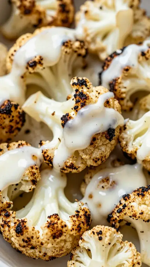 charred cauliflower floret coated in Alabama white sauce, closeup