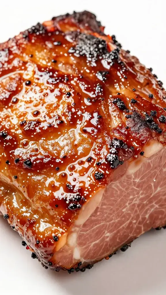 Pork shoulder bark closeup, chipotle glaze glistening