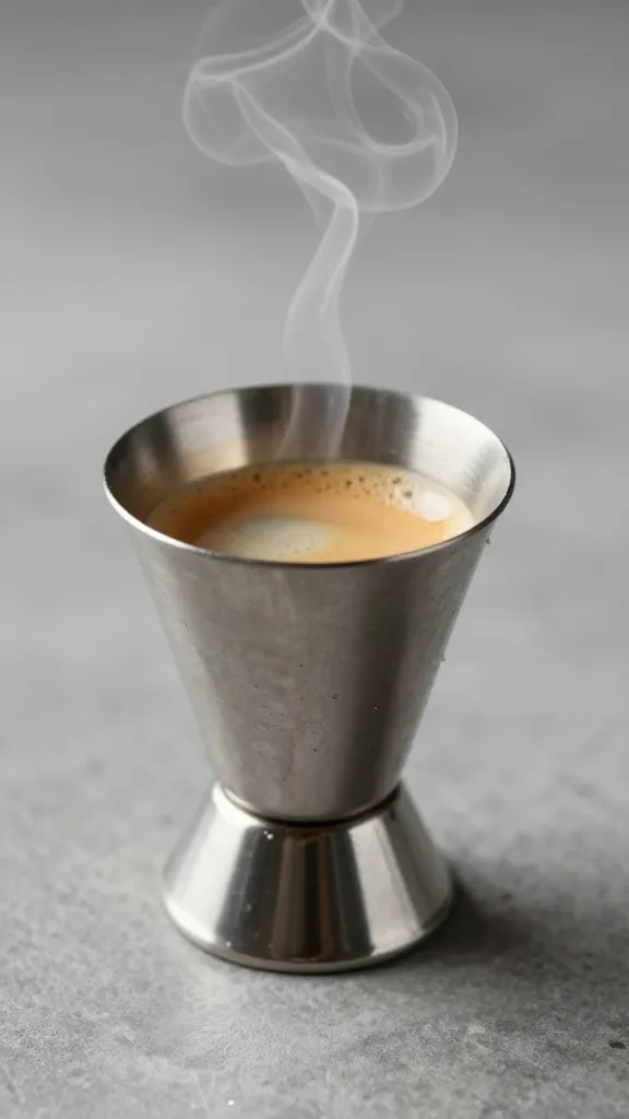 Espresso shot in steel jigger, smoky wisps
