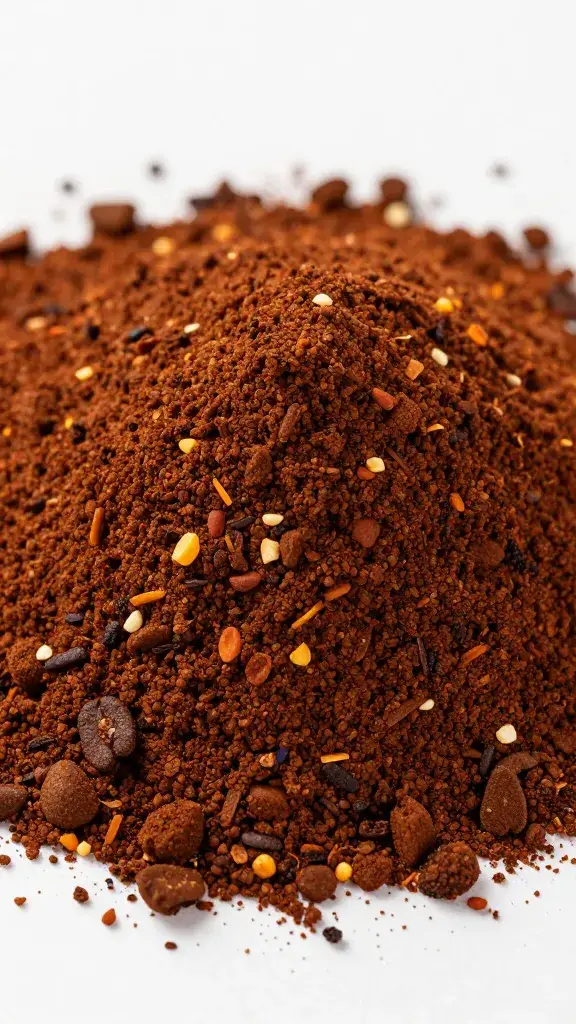 Ground espresso mound with chipotle flakes closeup