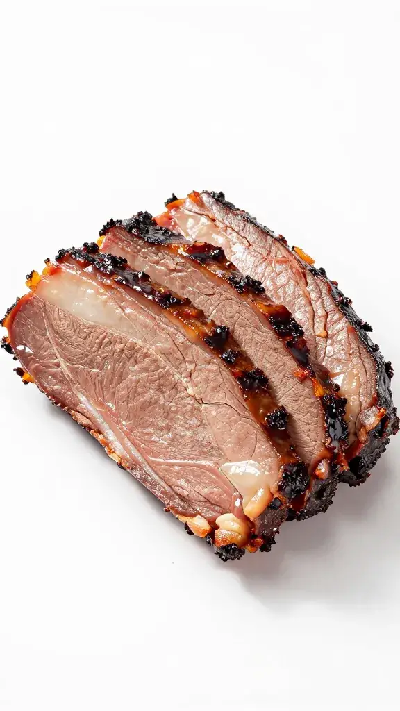 Sliced brisket end piece, glossy bark detail
