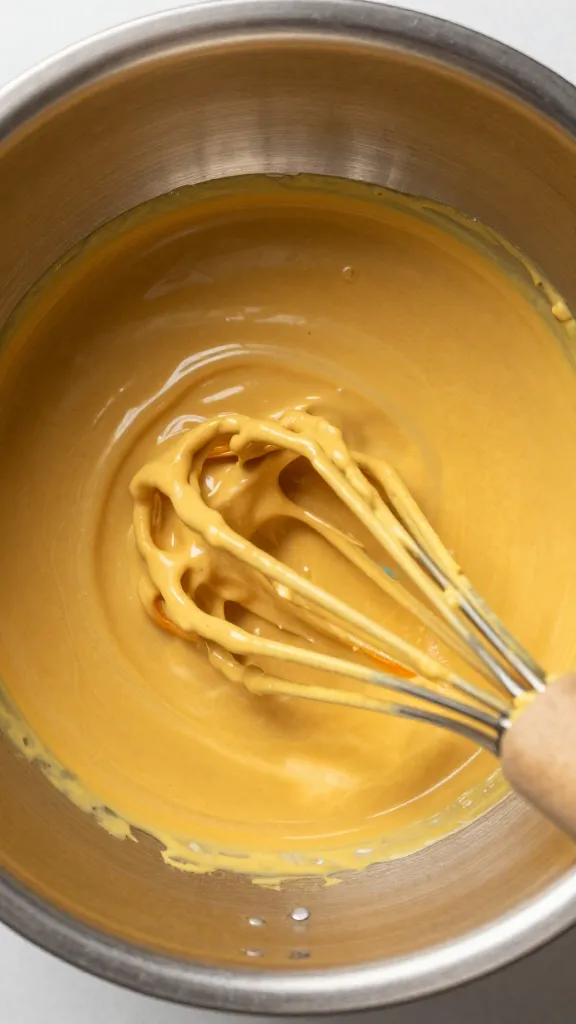 whisk coated in Carolina mustard gold above mixing bowl