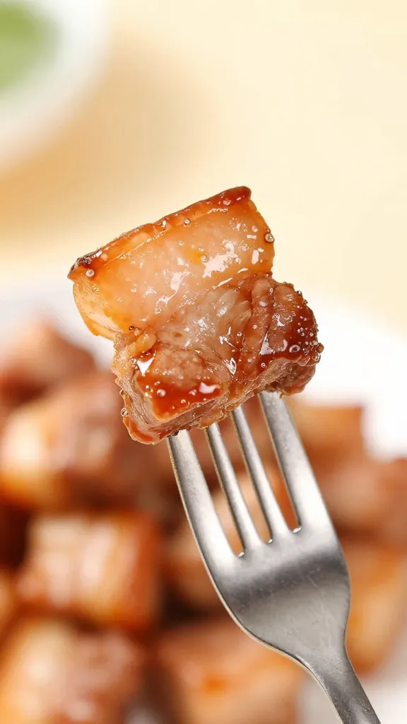 sauce-dipped pork belly cube on tasting fork