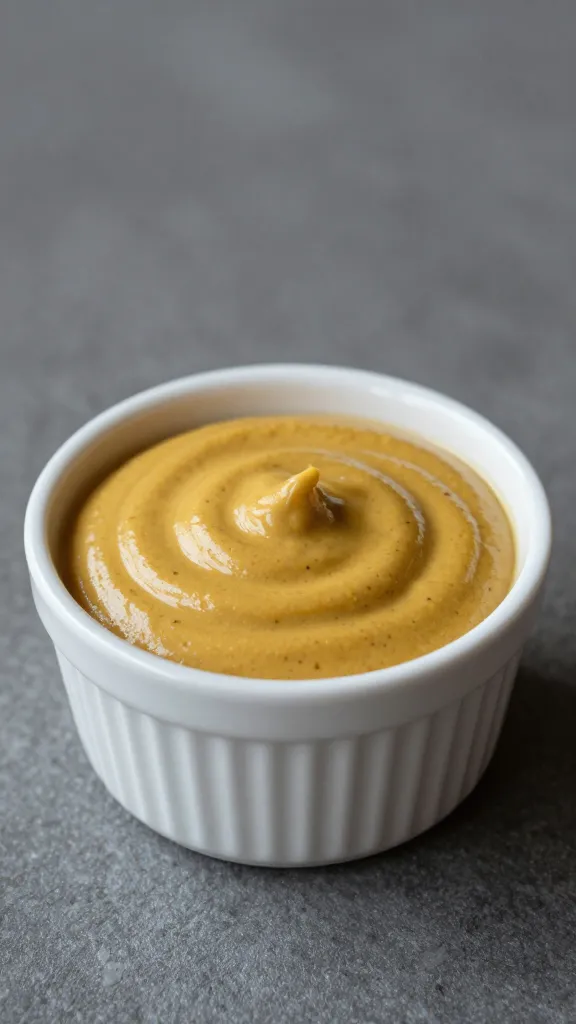 small ramekin of mustard gold with visible pepper flecks