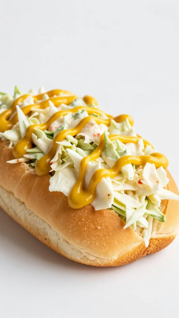 single coleslaw-topped bun with mustard gold drizzle