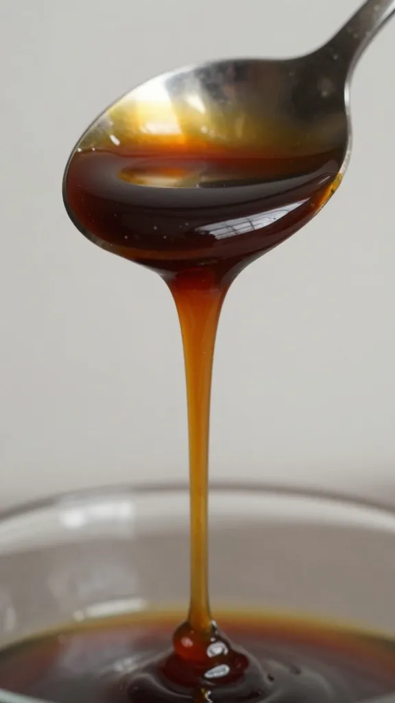closeup spoon dripping coffee-molasses barbecue sauce