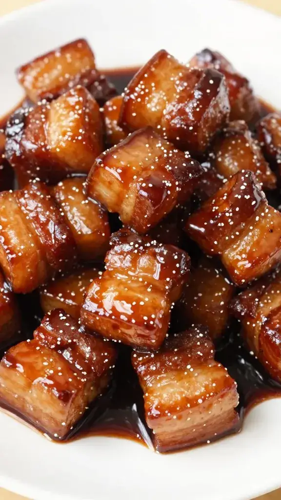 pork belly cube glazed in coffee-molasses sauce
