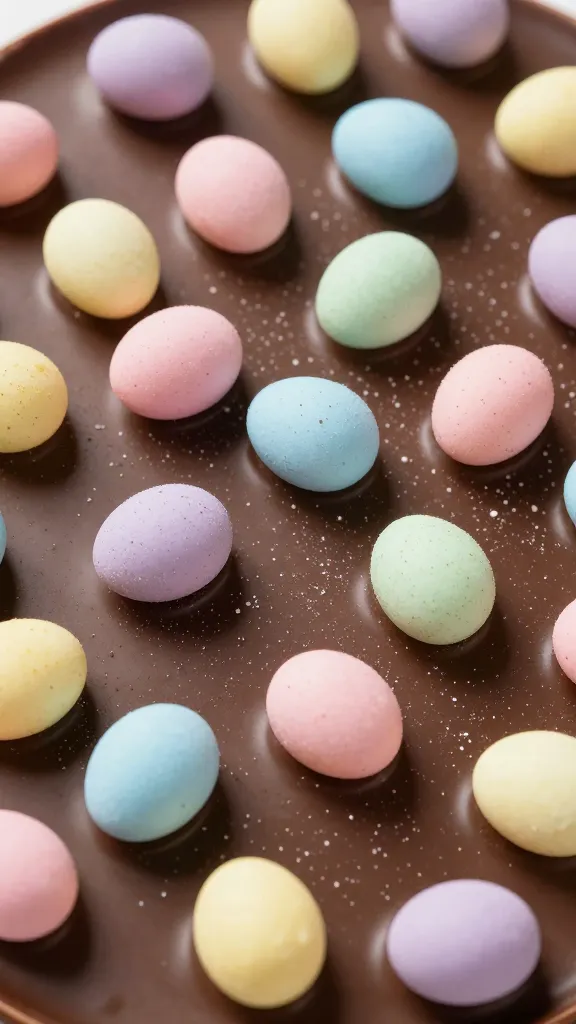 crushed pastel mini eggs sprinkled on glossy chocolate surface