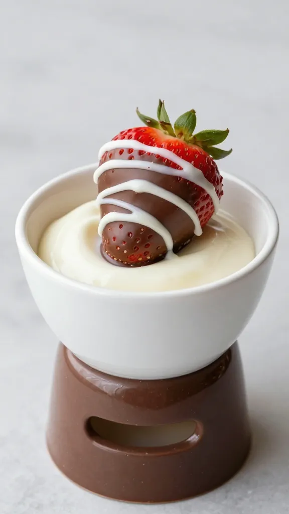 single chocolate-dipped strawberry over mini-egg fondue bowl
