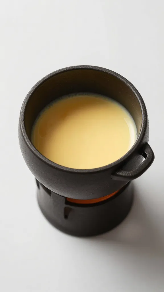 overhead of small cast-iron pot with mini-egg fondue