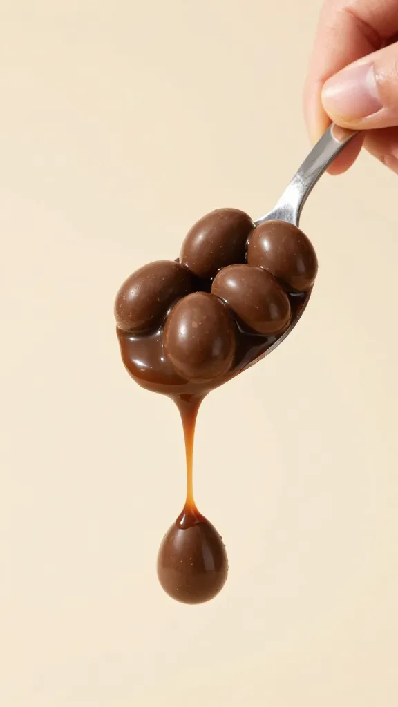 spoonful of gooey mini-egg chocolate held mid-air