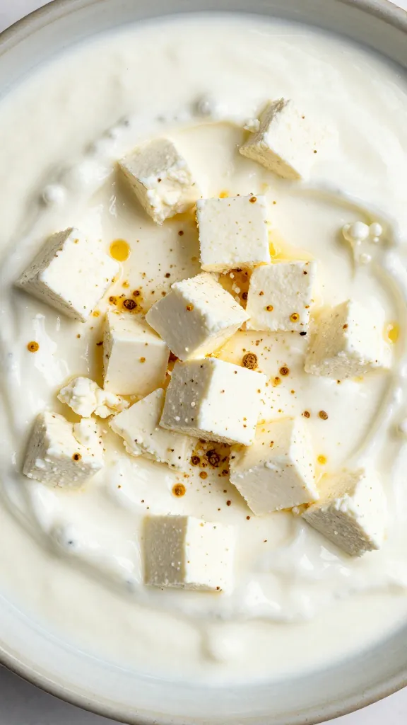 crumbled feta cubes on yogurt dip surface
