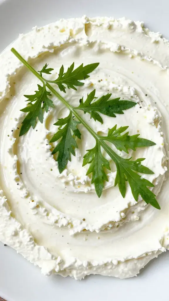 dill sprig resting on ranch-feta swirl