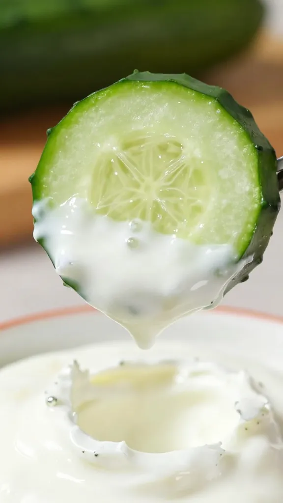 single cucumber slice dipped halfway in yogurt-feta