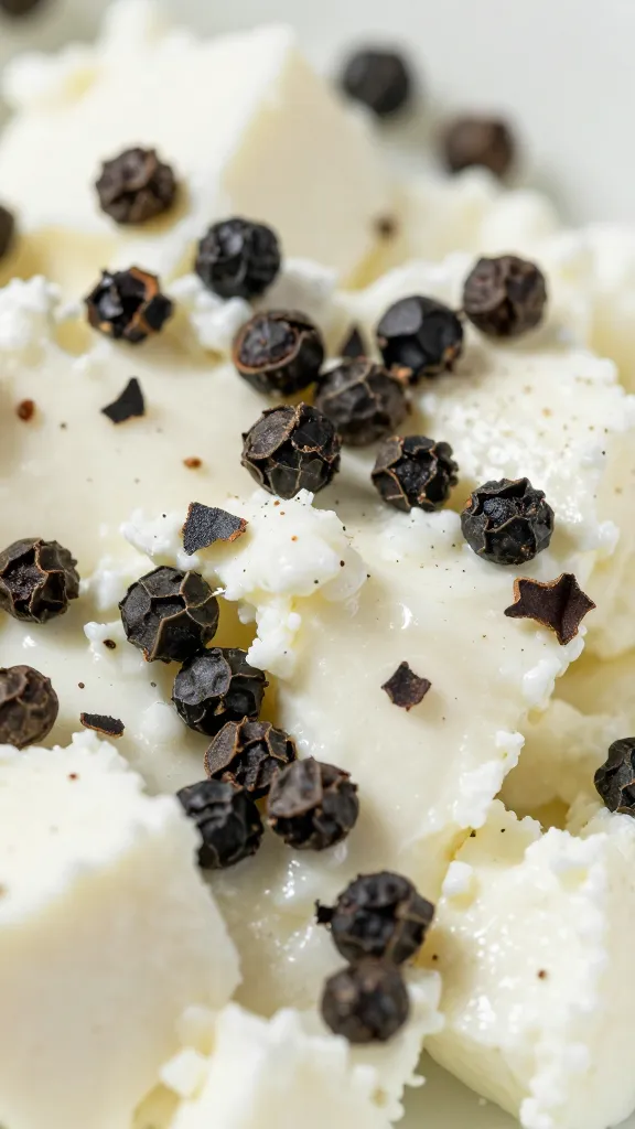 cracked black pepper on ranch-feta surface closeup