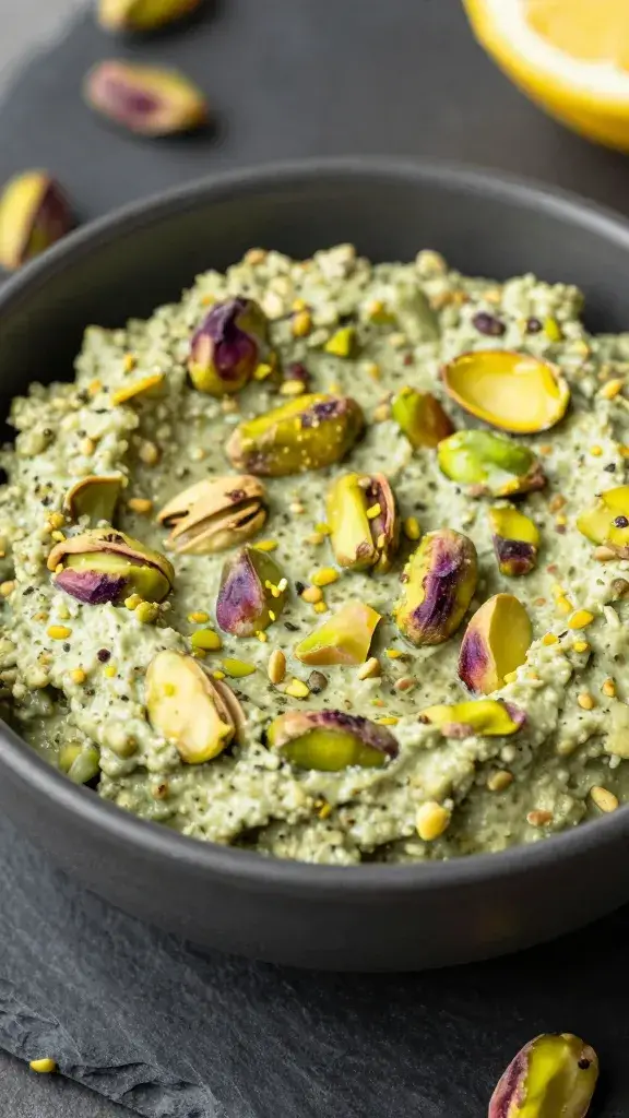 closeup bowl of pistachio-lemon muhammara on slate