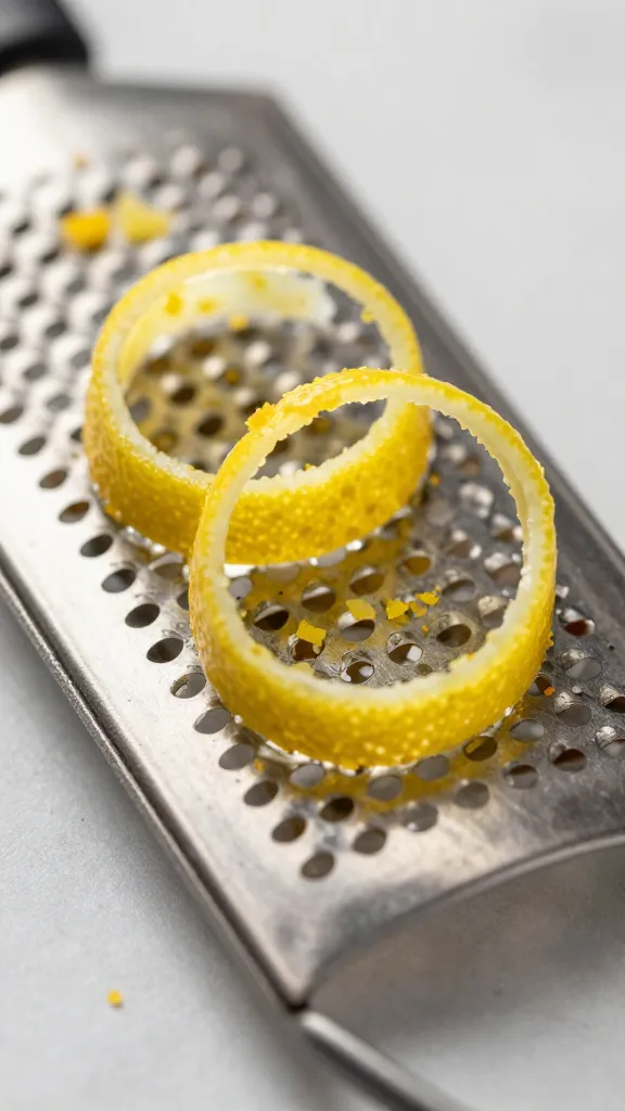 lemon zest curls on microplane, tight macro