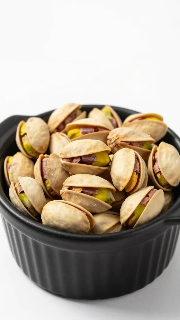toasted pistachios in matte black ramekin, overhead