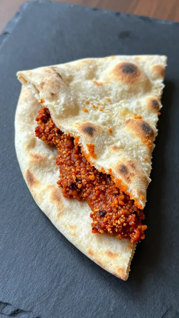 single pita wedge dipped in muhammara, crumb detail