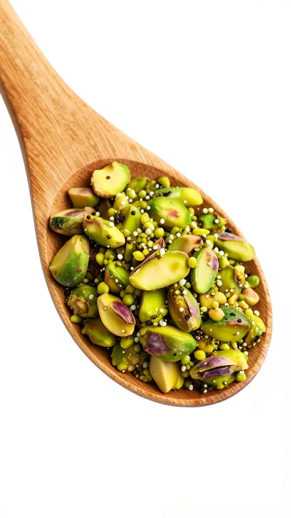 wooden spoon coated in pistachio muhammara, isolated