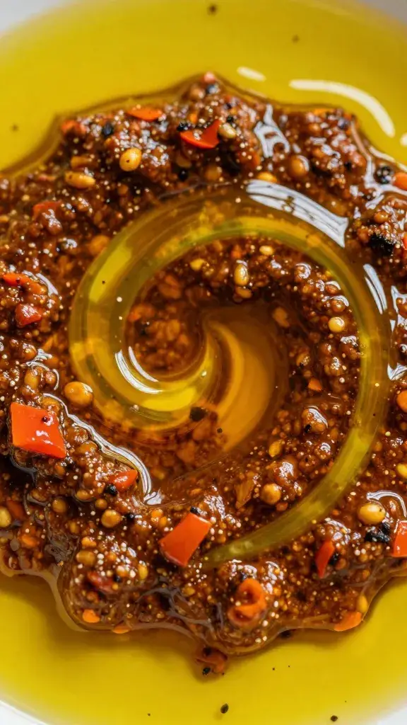 olive oil pooling on muhammara swirl, extreme closeup