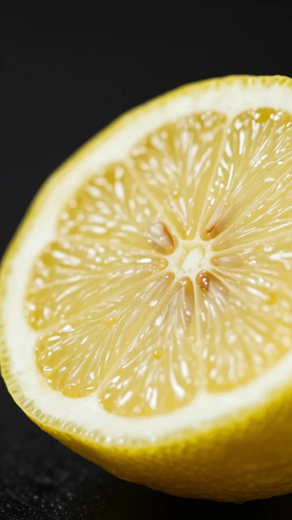 lemon half with visible oils, black backdrop, macro