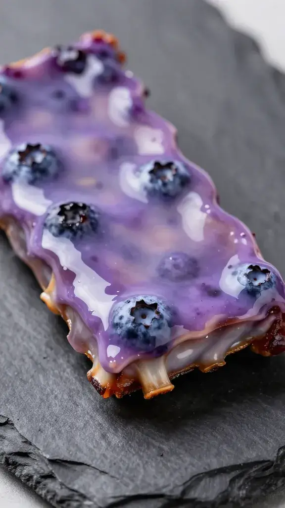 closeup of glossy blueberry-lavender glazed rib on slate