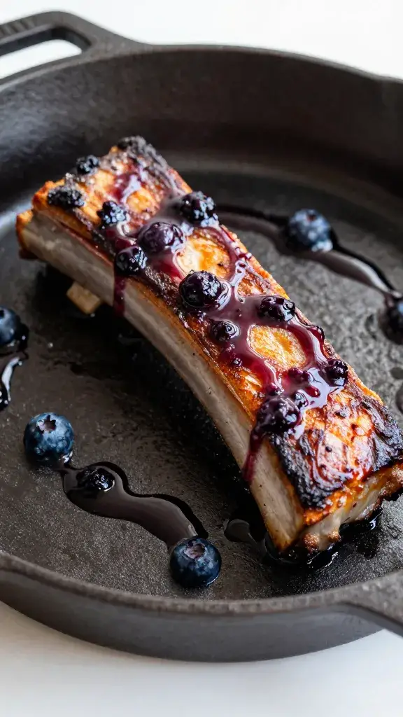 seared rib in sizzling cast-iron pan, blueberry glaze